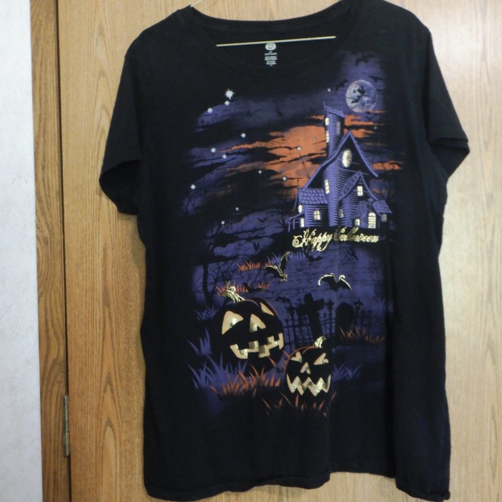 Happy Halloween Ladies Shirt 2X (18W - 20W) Black Purple Orange Gold Shimmer